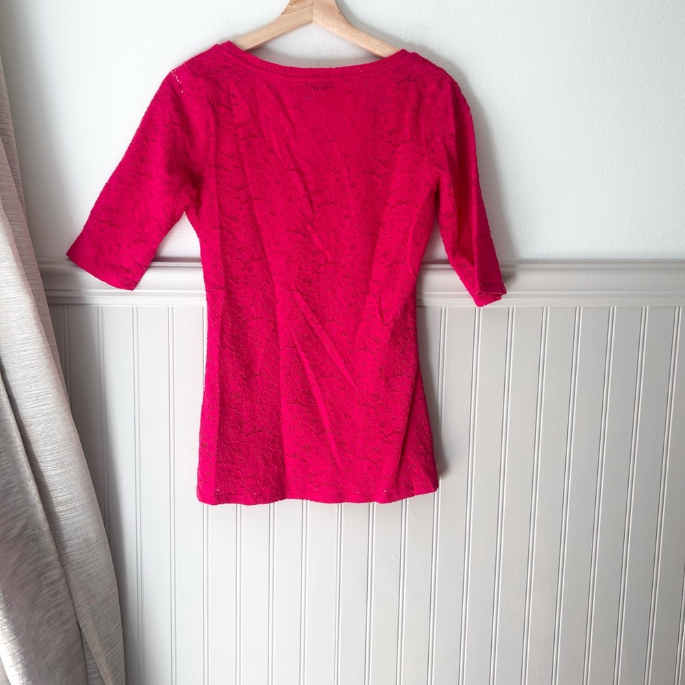Y2K Express 3/4 Sleeve Lace Bright Magenta Pink Fitted Blouse Size Small - Picture 7 of 8